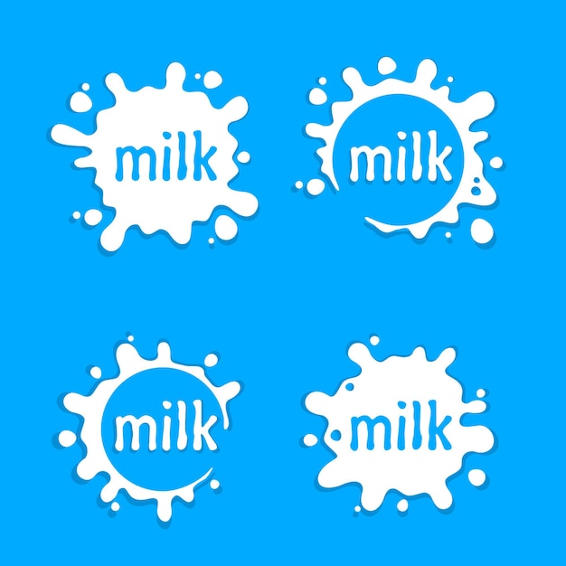 Melk etiketten vlek teken, melk set spatten, vectorillustratie