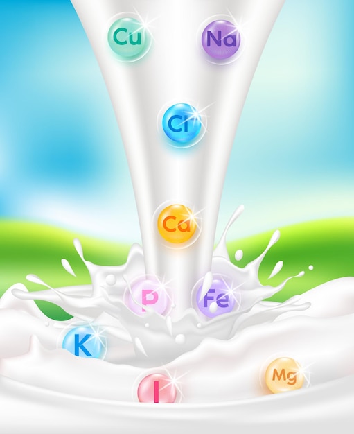 Melk met mineralen. Vitaminen en mineralen zijn belangrijke voedingsstoffen in melk.