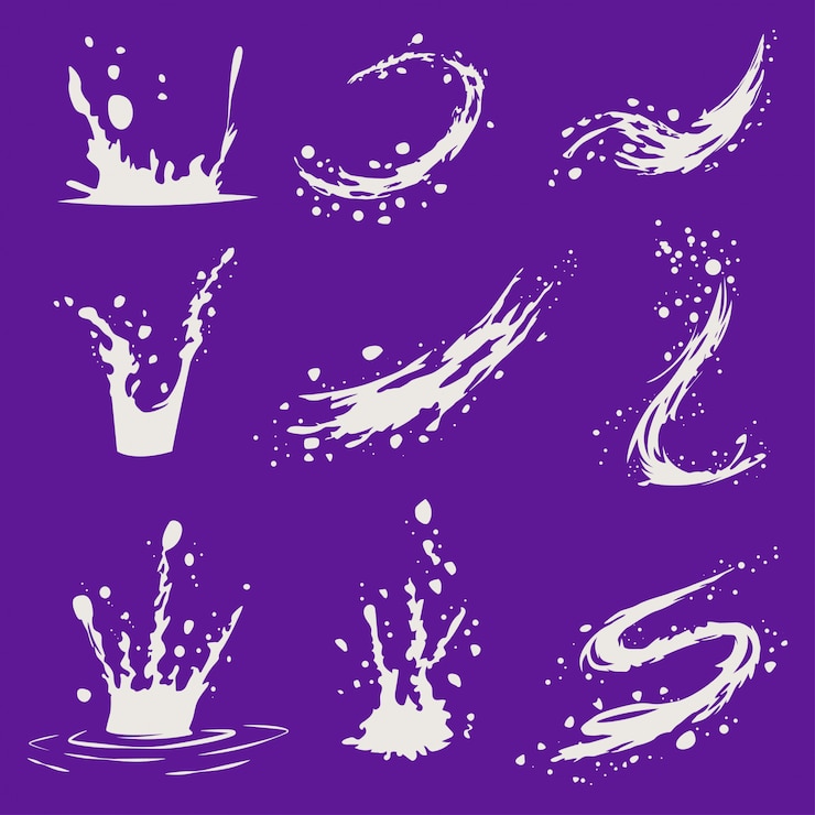 Melk spatten cartoon pictogrammen set geïsoleerd