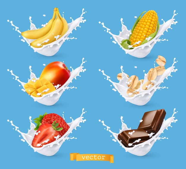 Melk spatten met fruit, ontbijtgranen. banaan, mango, aardbei, maïs, haver, chocolade met melk. 3d-vector realistische set