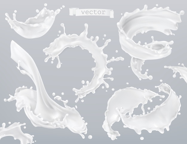 Melk spatten, yoghurt, room. 3D-vector element ingesteld. Pakket ontwerp