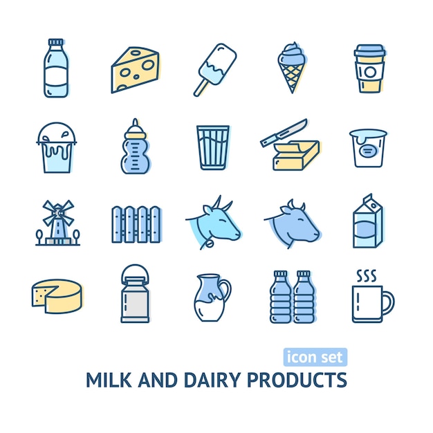 Melk zuivelproducten tekenen kleur dunne lijn icon set vector