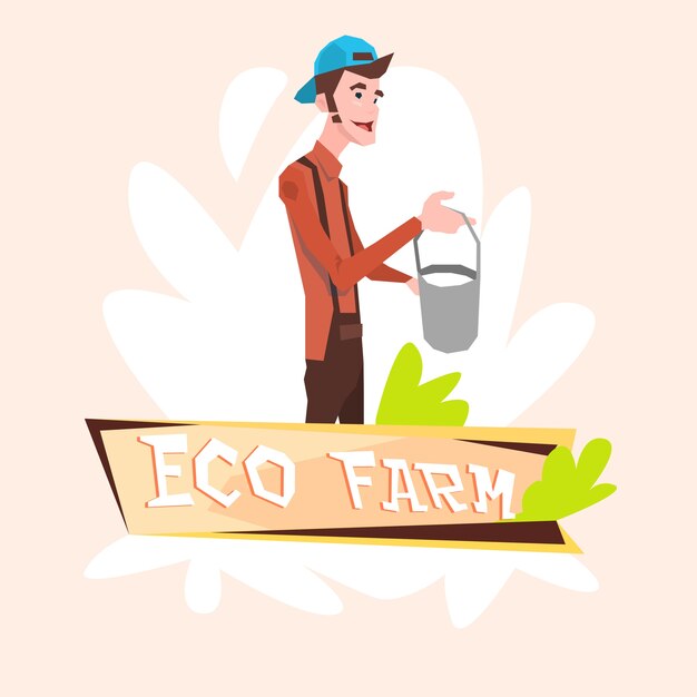 Melkboer landbouwer hold milk pail eco farming logo concept