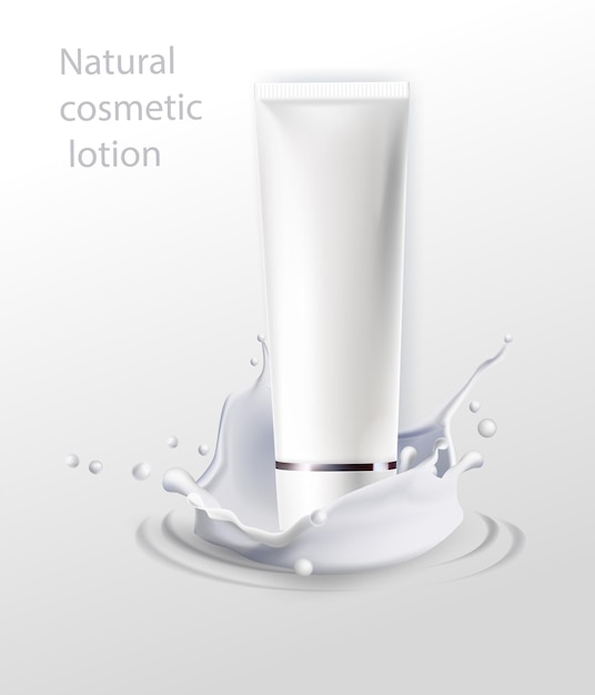 Melkcrème cosmetica fles mockup banner. Huidverzorging cosmetisch product buis staan op melkachtige spatten witte achtergrond. Realistische 3D-vectorillustratie