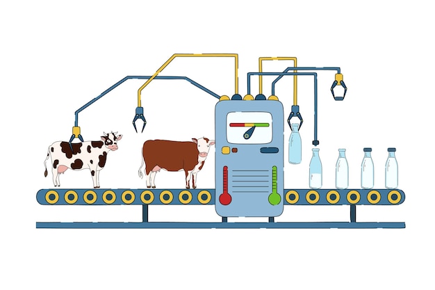 Melkproductie transportband zuivelproducten industriële productie natuurlijke verwerkte melk van koe tot fles cartoon concept vectorillustratie
