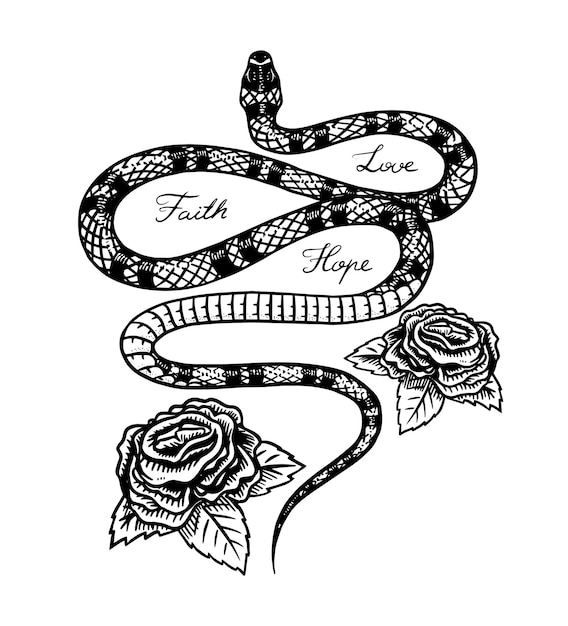 Melkslang met bloemen in Vintage stijl Serpent cobra of python of giftige adder Gegraveerde hand getrokken oude reptielenschets voor Tattoo Anaconda voor sticker of logo of t-shirts