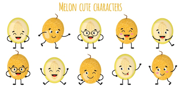 Melon fruit cute funny cheerful characters with different poses and emotions