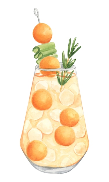 Melon gin spritz alcohol cocktail Hand drawn watercolor illustration in white background Drink clipart element