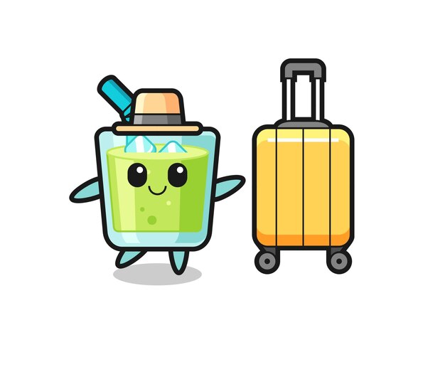 Melon juice cartoon illustration with luggage on vacation , cute style design for t shirt, sticker, logo element