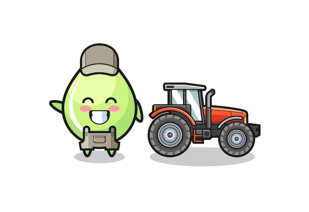 The melon juice drop farmer mascot standing beside a tractor cute design