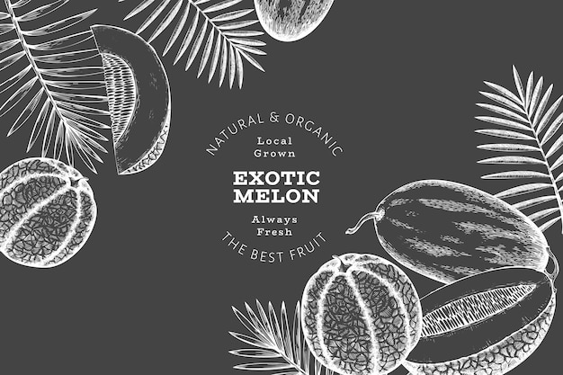 Melons with tropical leaves design template. Hand drawn vector exotic fruit illustration on chalk board. Retro style fruit banner.