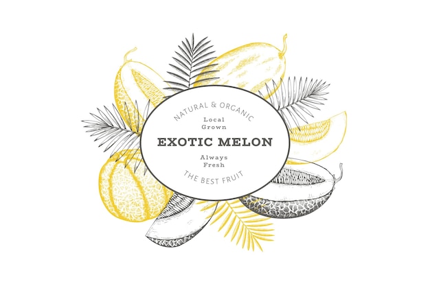 Melons with tropical leaves label template