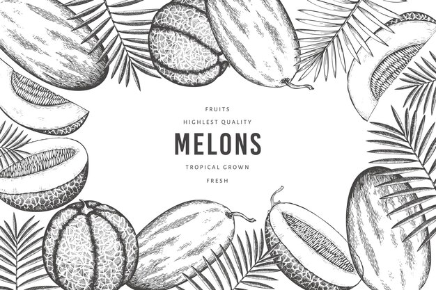 Melons with tropical leaves  template. hand drawn  exotic fruit illustration. retro style fruit banner.