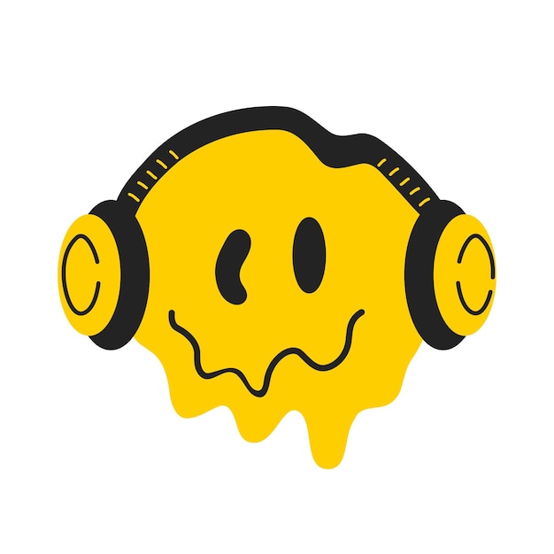 Melt distortion smile face with headphonesVector cartoon character logo illustration Smile emoji facelisten music in headphones print for tshirt posterstickercovercardlogo concept