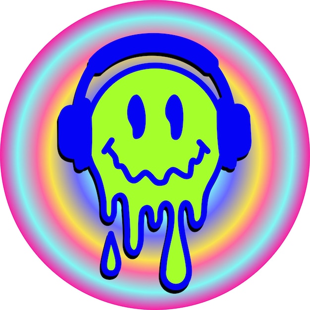 Vector melt smile 60s psychedelic music concept cool single musical emoticon with headphones sticker