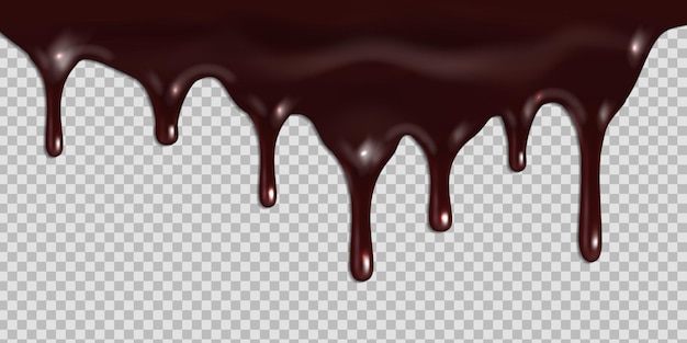 Vector melted dark chocolate dripping isolated on transparent background.