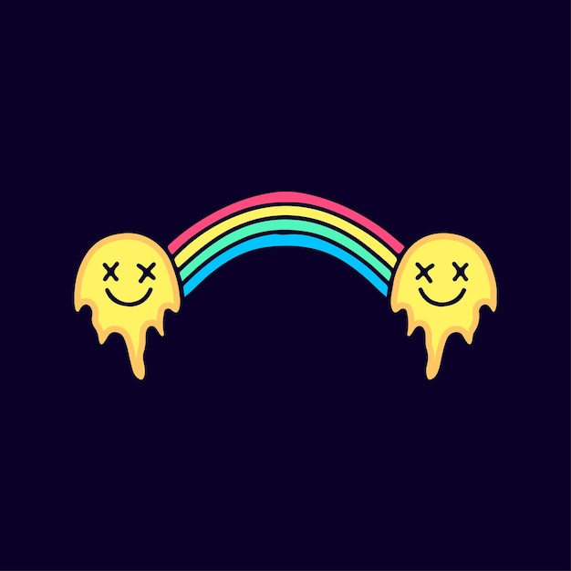 Melted emoji face with rainbow cartoon, illustration for t-shirt, sticker.