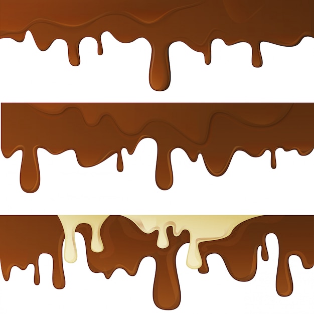 Melted hot chocolate drops  illustration set. Dark cacao and white milk choco molten sweet liquid yummy syrup