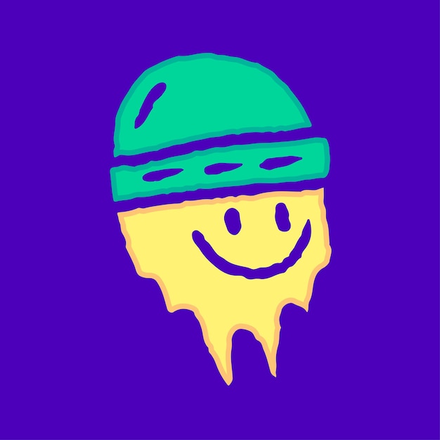 Melted smile emoji face wearing beanie hat cartoon, illustration for t-shirt, sticker.
