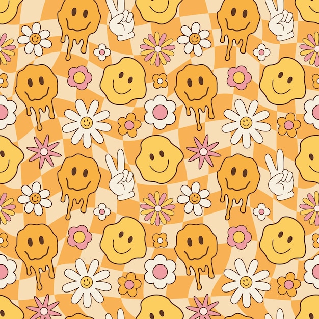 Melted smiley faces flowers groovy seamless pattern hippie style wallpaper in 60s 70s chess board