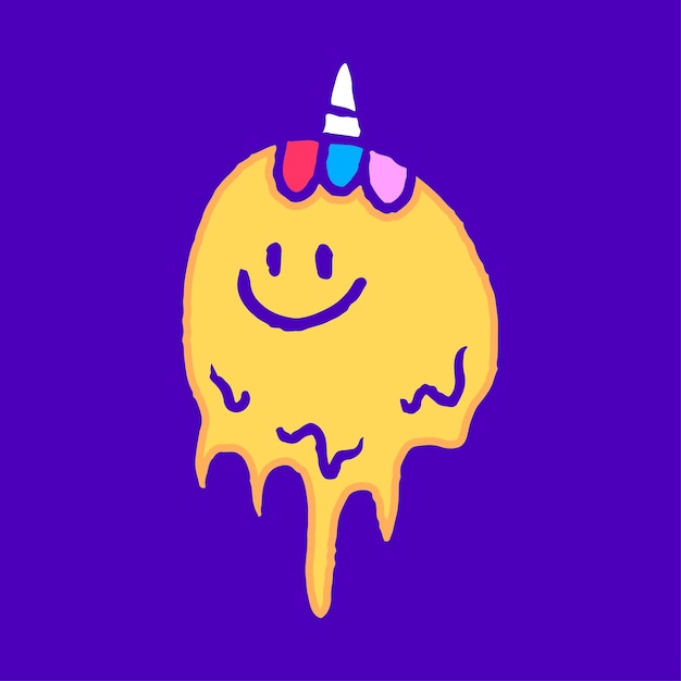 Melted unicorn emoji face cartoon, illustration for t-shirt, sticker, or apparel.