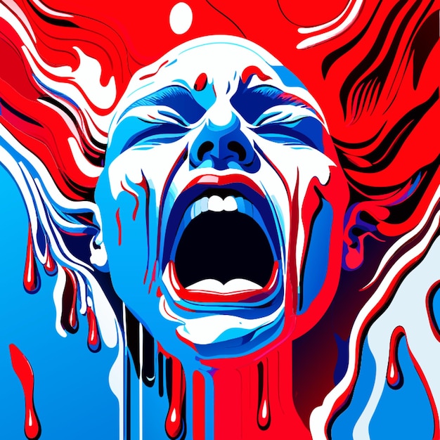 melted wax runs down a wall in red blue and white forming the shape of a human head with a screaming