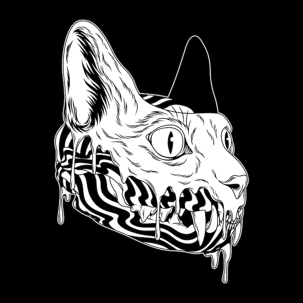 Melting cat black and white illustration