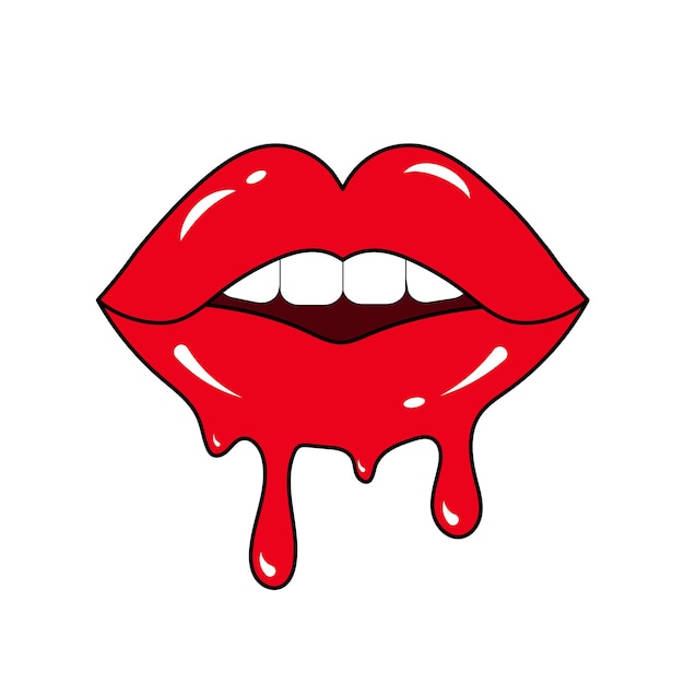 Melting glossy colored and sexy parted lips. dripping with red paint lips.