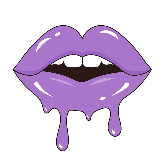 Vector melting glossy sexy halfopened lips mouth with teeth and dripping paint in pop art style