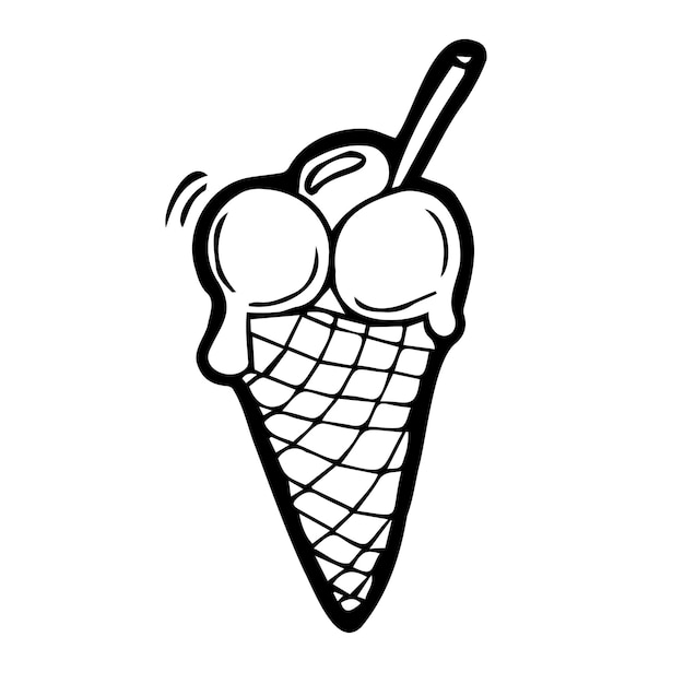 Melting ice cream balls in the waffle cone isolated on white background Vector flat outline icon