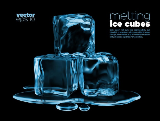 Vector melting ice cubes, blue water puddle, frozen drink