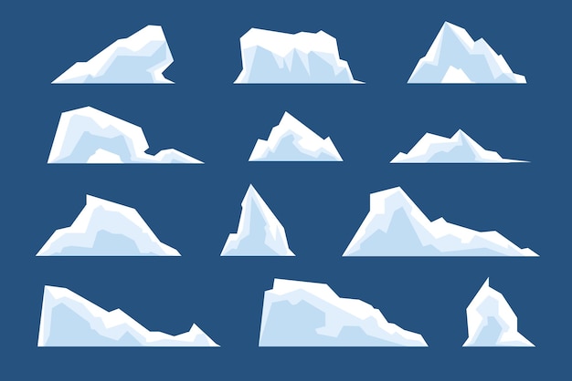 Тающие айсберги. Снежные арктические айсберги, ледяной северный полюс, холодные элементы природы. Мультфильм зимний пейзаж ледник рок замороженные горы Векторный набор. Иллюстрация таяния айсберга, плавающий зимний снег ледниковый