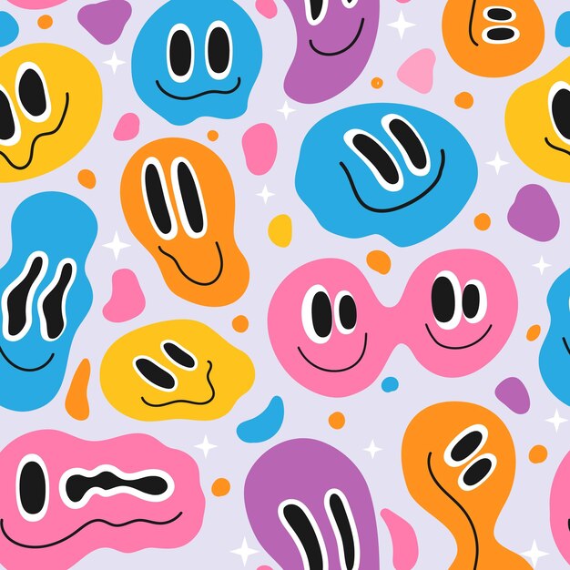 melting smile face trippy melted psychedelic emoji seamless pattern abstract surreal happiness expression portrait cartoon funny liquid faces texture colorful vector print