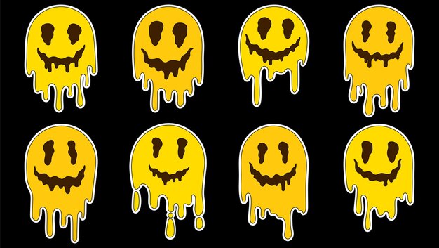 Vettore melting smiles sticker set cartoon carino sciolto faccia gialla sorridente avatar con contorno faccia divertente