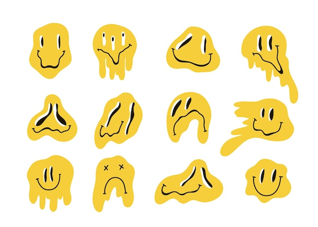 Melting smiling faces Yellow colorful groovy emoji dripping melty characters Crazy smile vintage elements hippie psychedelic objects for decor Vector cartoon flat isolated illustration