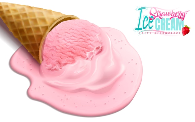 Melting strawberry ice cream cone isolated illustration