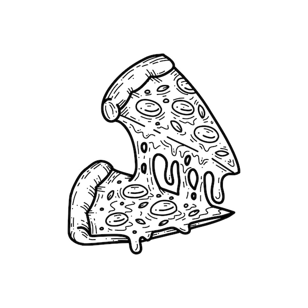 Illustrazione del disegno della mano dell'alimento di scarabocchio della fetta di pizza di due formaggi di fusione