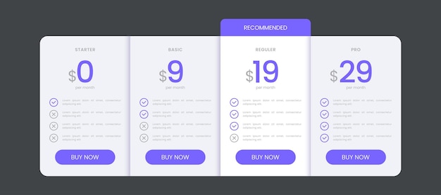 Vector membership plans price list for ui web banner