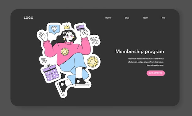 Vector membership program with rewards and offers for a purchase nighmode or darkmode web banner or landing