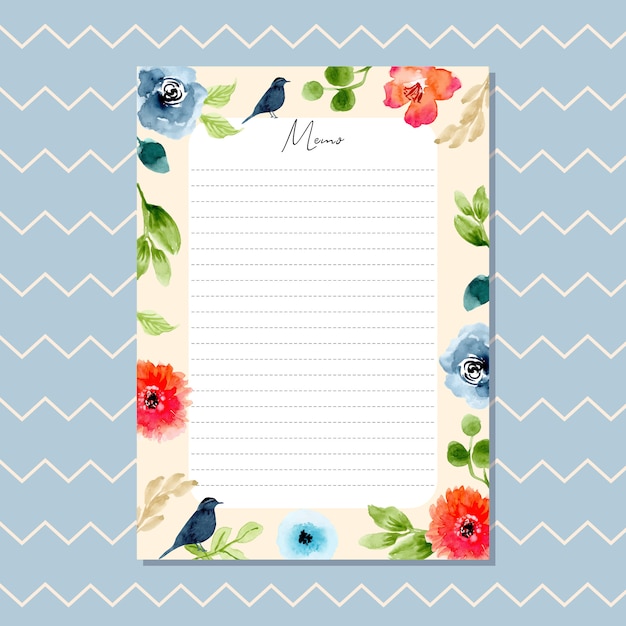 Memo card with beautiful watercolor floral border and chevron pattern