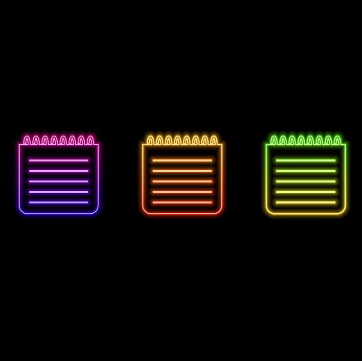 Vector memo pad icons in black line and filled versions neon style