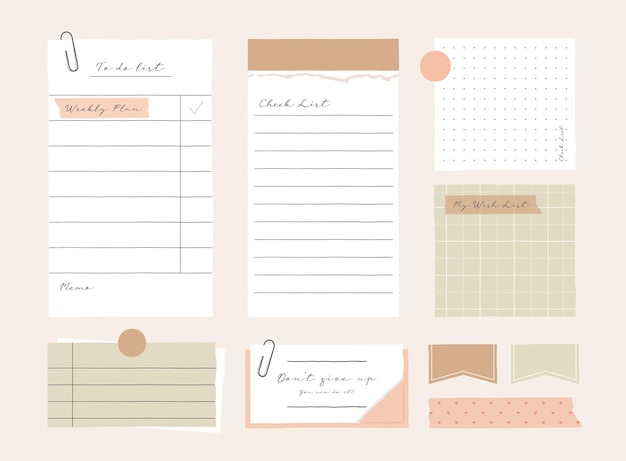 Vector memo template a collection of striped notes blank notebooks and torn notes used in a diary or off