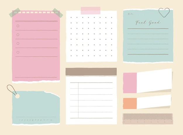 memo template. A collection of striped notes, blank notebooks, and torn notes used in a diary or off