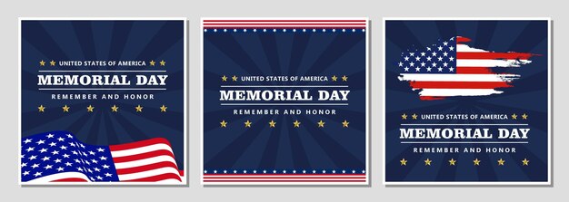 memorial day america celebration square social media post design template set collection