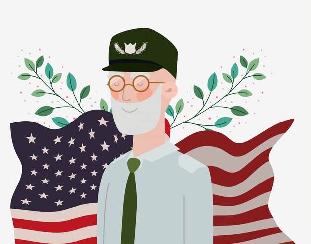 Vector memorial day card with veteran and usa flag