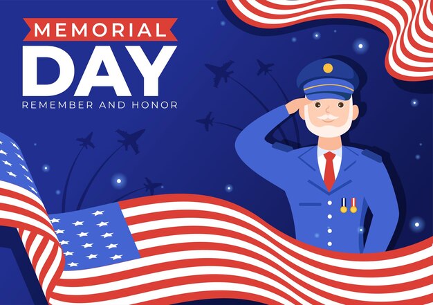 Memorial Day Illustration with American Flag Remember and Honor to Meritorious Soldier