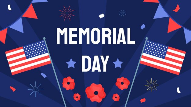 Vettore poster del memorial day con bandiera americana vicino a fiori rossi e bandiere decorative, festività tradizionali e