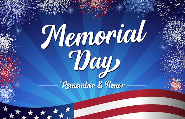 Vector memorial day remember and honor handwritten lettering and fireworks us memorial day celebration