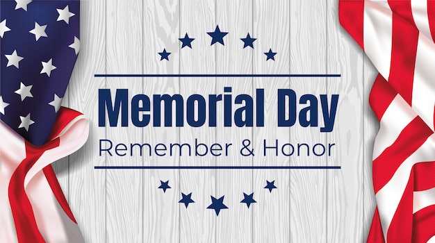 Memorial day - ricorda e onora con la bandiera usa su un tavolo bianco. illustrazione.