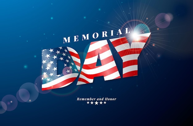 Memorial day of the usa vector design template con bandiera americana in etichetta di testo su sfondo blu